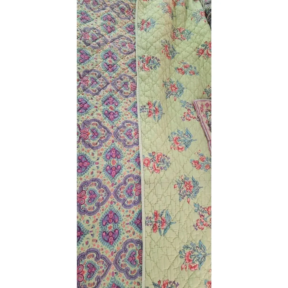 Soft Surroundings Cotton Quilt Reversible Green Purple Queen Sham Set
